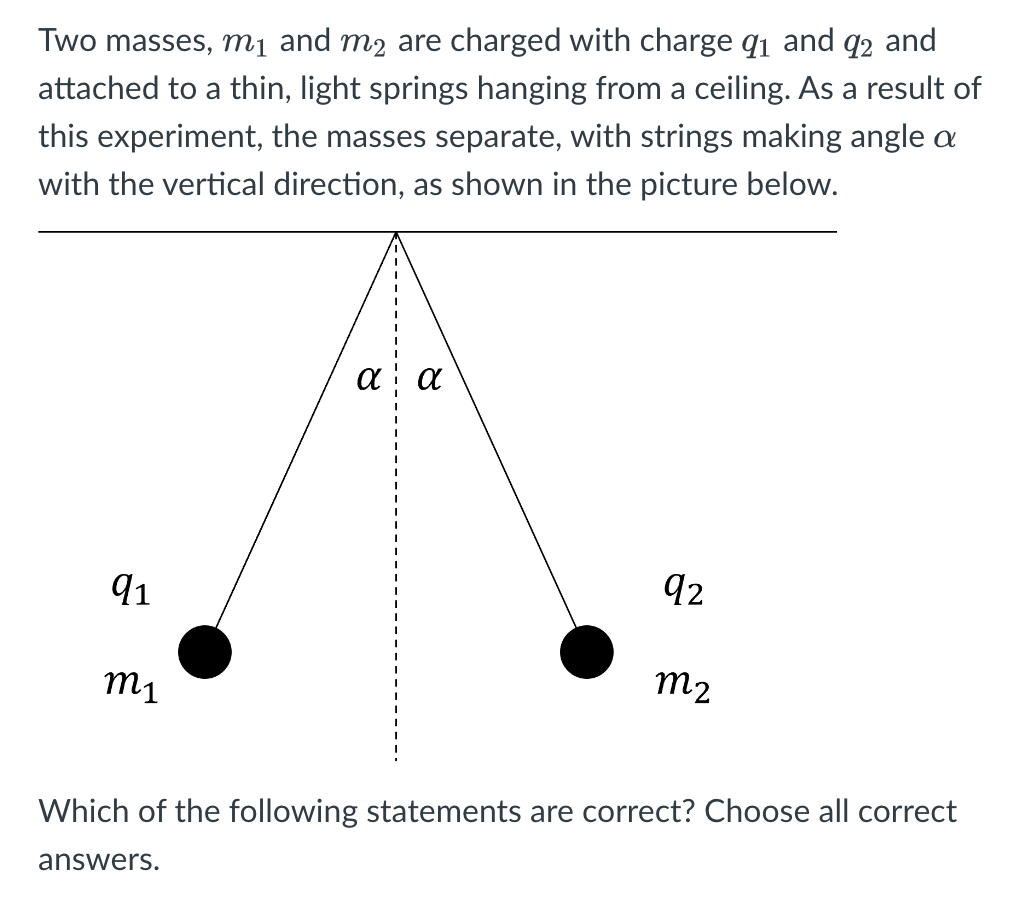 Two masses, m₁ and m2 are charged with charge 9₁ and 92 and
attached to a thin, light springs hanging from a ceiling. As a result of
this experiment, the masses separate, with strings making angle a
with the vertical direction, as shown in the picture below.
91
m1
α
92
m2
Which of the following statements are correct? Choose all correct
answers.