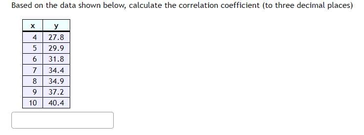 Based on the data shown below, calculate the correlation coefficient (to three decimal places)
Xx
4
5
6
7
8
9
10
y
27.8
29.9
31.8
34.4
34.9
37.2
40.4