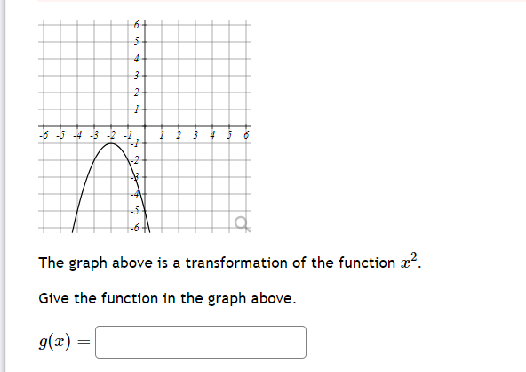 6
5
4
-6-5-4-3-2-2₁
g(x) =
3
2
1
=
2
The graph above is a transformation of the function ².
Give the function in the graph above.
4