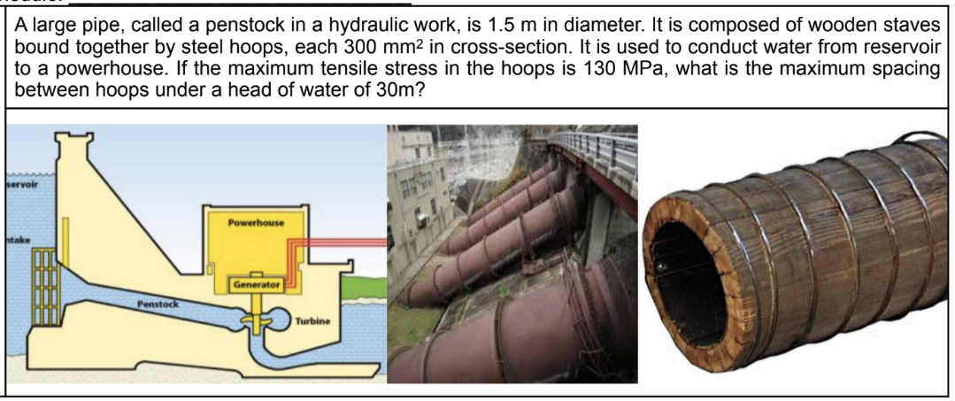 A large pipe, called a penstock in a hydraulic work, is 1.5 m in diameter. It is composed of wooden staves
bound together by steel hoops, each 300 mm2 in cross-section. It is used to conduct water from reservoir
to a powerhouse. If the maximum tensile stress in the hoops is 130 MPa, what is the maximum spacing
between hoops under a head of water of 30m?
servoir
Powerhouse
htake
Generator
Penstock
Turbine
