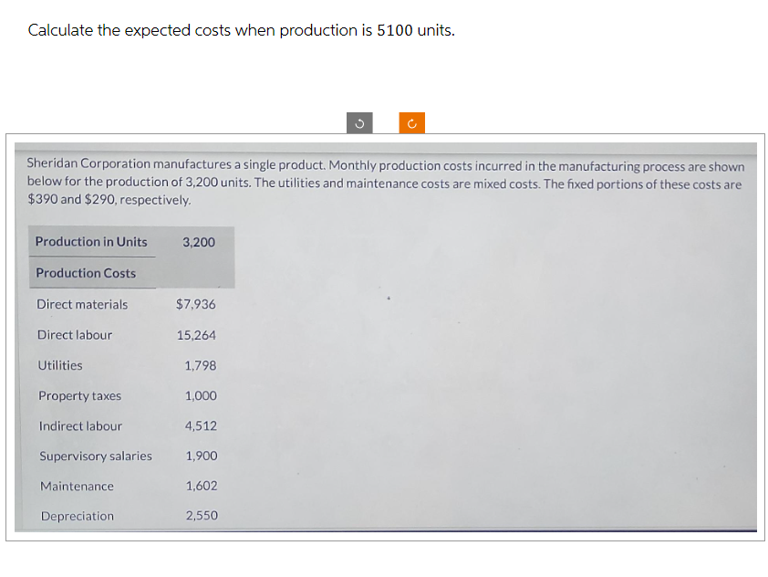 Calculate the expected costs when production is 5100 units.
Sheridan Corporation manufactures a single product. Monthly production costs incurred in the manufacturing process are shown
below for the production of 3,200 units. The utilities and maintenance costs are mixed costs. The fixed portions of these costs are
$390 and $290, respectively.
Production in Units
Production Costs
Direct materials.
Direct labour
Utilities
Property taxes
Indirect labour
Supervisory salaries
Maintenance
Depreciation
3,200
$7,936
15,264
1,798
1,000
4,512
1,900
1,602
2,550