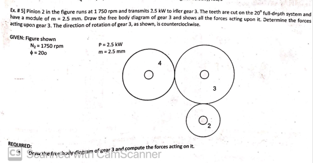 Ex. #5] Pinion 2 in the figure runs at 1 750 rpm and transmits 2.5 kW to idler gear 3. The teeth are cut on the 20° full-depth system and
have a module of m= 2.5 mm. Draw the free body diagram of gear 3 and shows all the forces acting upon it. Determine the forces
acting upon gear 3. The direction of rotation of gear 3, as shown, is counterclockwise.
GIVEN: Figure shown
N₂ = 1750 rpm
= 200
P=2.5 kW
m = 2.5 mm
REQUIRED:
CS Draw the freehodly diam CamScanner
of gear 3 and compute the forces acting on it.