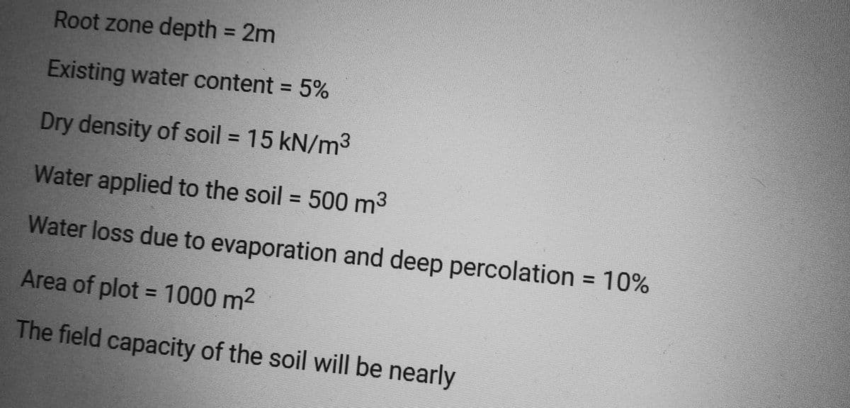 Root zone depth = 2m
Existing water content = 5%
Dry density of soil = 15 kN/m³
Water applied to the soil = 500 m³
Water loss due to evaporation and deep percolation = 10%
Area of plot = 1000 m²
The field capacity of the soil will be nearly