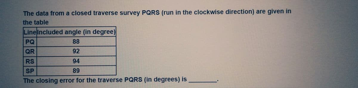 The data from a closed traverse survey PQRS (run in the clockwise direction) are given in
the table
Line Included angle (in degree)
PQ
88
QR
92
RS
94
SP
89
The closing error for the traverse PQRS (in degrees) is