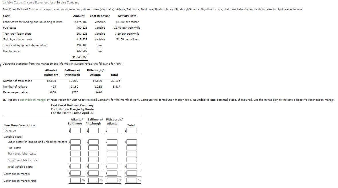 Variable
Costing Income Statement for a Service Company
East Coast Railroad Company transports commodities among three routes (city-pairs): Atlanta/Baltimore, Baltimore/Pittsburgh, and Pittsburgh/Atlanta. Significant costs, their cost behavior, and activity rates for April are as follows:
Amount Cost Behavior
Cost
Labor costs for loading and unloading railcars
Fuel costs
$175,582 Variable
460,226 Variable
267,228 Variable
118,327
Variable
194,400
Fixed
129,600
Fixed
$1,345,363
1
Operating statistics from the management information system reveal the following for April:
Atlanta/
Baltimore
Baltimore/ Pittsburgh/
Pittsburgh Atlanta
12,835
10,200
425
$600
Train crew labor costs
Switchyard labor costs
Track and equipment depreciation
Maintenance
Number of train-miles
Number of railcars
Revenue per railcar
Line Item Description
Revenues
Variable costs:
Labor costs for loading and unloading railcars
Fuel costs
Train crew labor costs
Switchyard labor costs
Total variable costs
2,160
$275
Contribution margin
Contribution margin ratio
14,080
1,232
$440
a. Prepare a contribution margin by route report for East Coast Railroad Company for the month of April. Compute the contribution margin ratio. Rounded to one decimal place. If required, use the minus sign to indicate a negative contribution margin.
East Coast Railroad Company
Contribution Margin by Route
For the Month Ended April 30
Activity Rate
$46.00 per railcar
12.40 per train-mile
7.20 per train-mile
31.00 per railcar
%
Total
37,115
3,817
Atlanta/ Baltimore/ Pittsburgh/
Baltimore Pittsburgh Atlanta
96
Total
goodbold
gooolblblå
%6
%