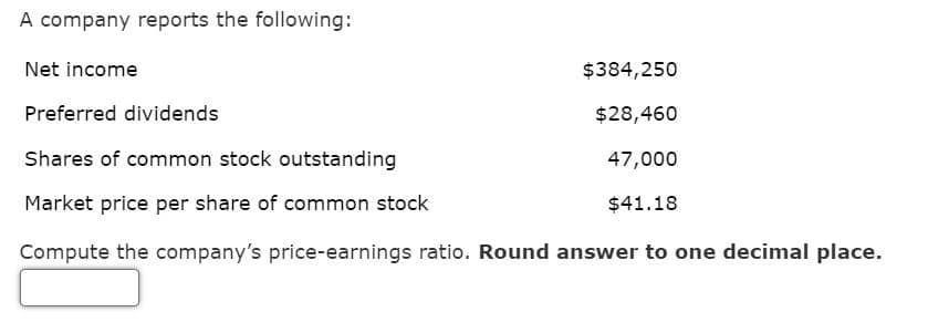 A company reports the following:
Net income
$384,250
Preferred dividends
$28,460
Shares of common stock outstanding
47,000
Market price per share of common stock
$41.18
Compute the company's price-earnings ratio. Round answer to one decimal place.