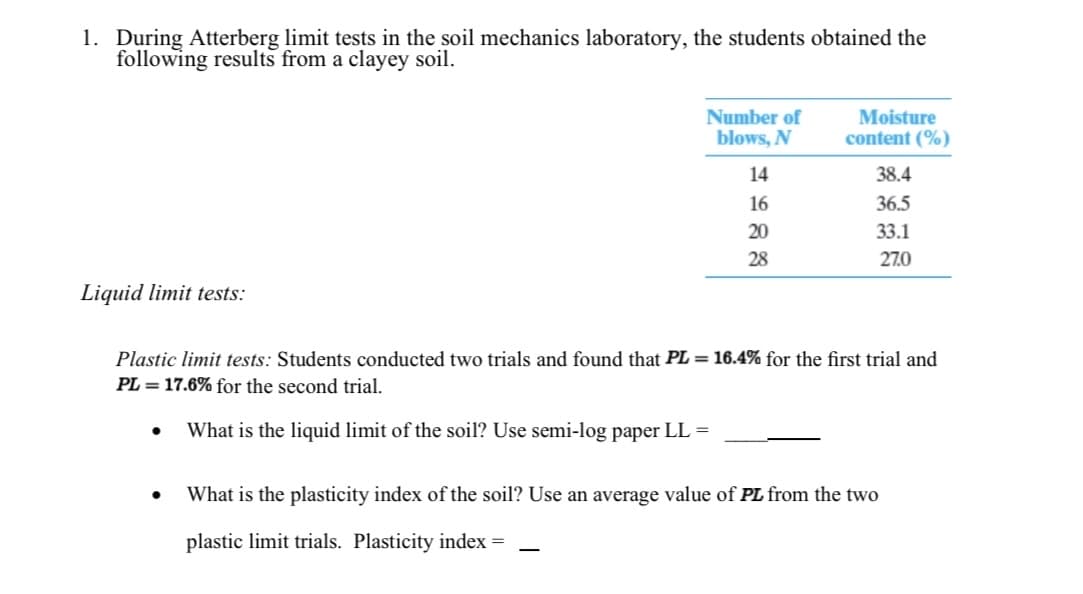 1. During Atterberg limit tests in the soil mechanics laboratory, the students obtained the
following results from a clayey soil.
Moisture
content (%)
Number of
blows, N
14
38.4
16
36.5
20
33.1
28
27.0
Liquid limit tests:
Plastic limit tests: Students conducted two trials and found that PL = 16.4% for the first trial and
PL = 17.6% for the second trial.
What is the liquid limit of the soil? Use semi-log paper LL =
What is the plasticity index of the soil? Use an average value of PL from the two
plastic limit trials. Plasticity index =
