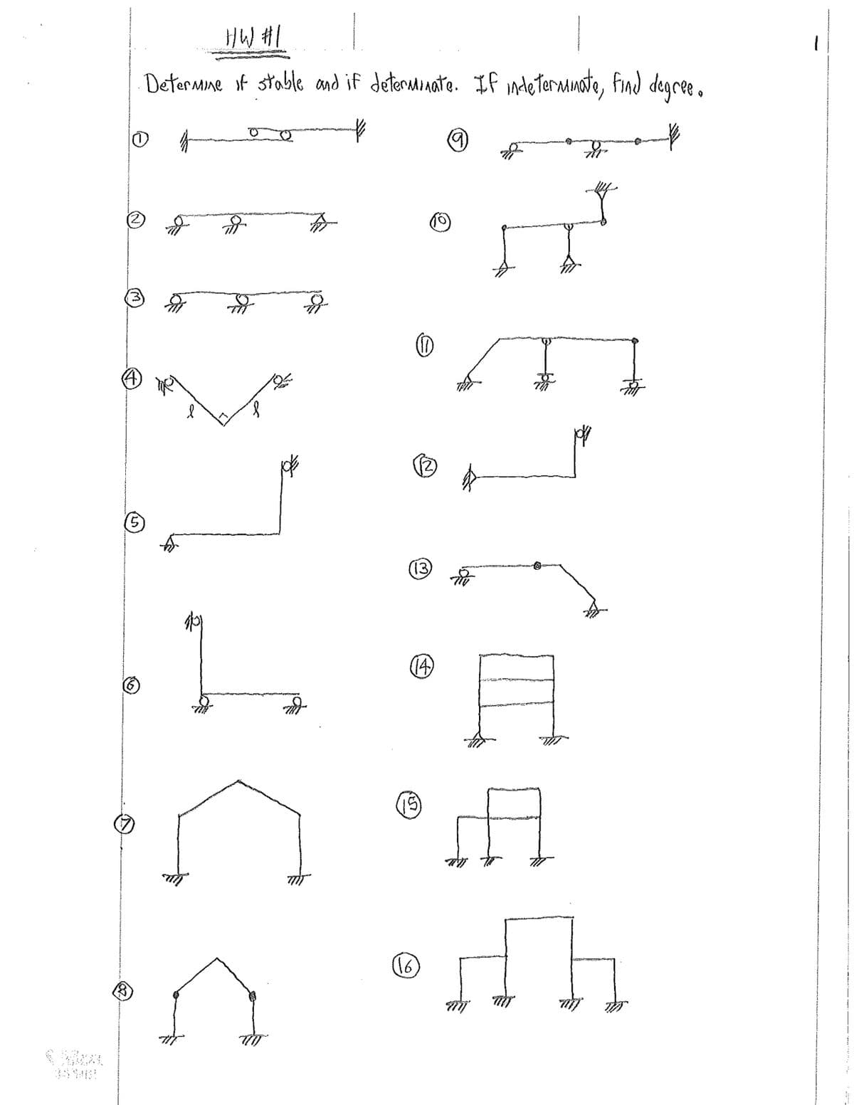 5
8
1#MH
Determine if stable and if determinate. If indeterminate, find degree.
长
ती
Q
तौ
品
嗯
①
(2)
(13)
(14)
15
品
(16
LETE
出口.
百
亡。