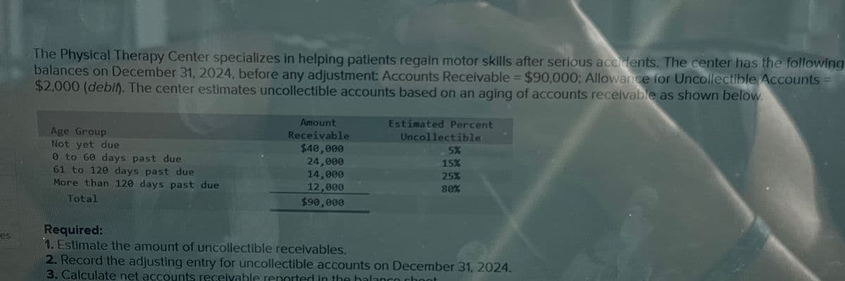 es
The Physical Therapy Center specializes in helping patients regain motor skills after serious accidents. The center has the following
balances on December 31, 2024, before any adjustment: Accounts Receivable = $90,000; Allowance for Uncollectible Accounts
$2,000 (debit). The center estimates uncollectible accounts based on an aging of accounts receivable as shown below.
Age Group
Not yet due
0 to 60 days past due
61 to 120 days past due
More than 120 days past due
Total
Amount
Receivable
Estimated Percent
Uncollectible.
$40,000
5%
24,000
15%
14,000
25%
12,000
80%
$90,000
Required:
1. Estimate the amount of uncollectible receivables.
2. Record the adjusting entry for uncollectible accounts on December 31, 2024.
3. Calculate net accounts receivable reported in the balance cheet