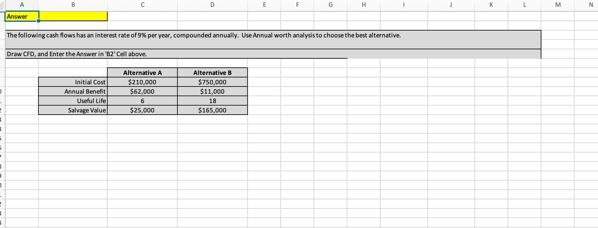 D
L
2
3
1
5
5
7
B
9
D
L
2
3
1
A
Answer
B
C
Draw CFD, and Enter the Answer in 'B2' Cell above.
Initial Cost
Annual Benefit
Useful Life
Salvage Value
D
Alternative A
$210,000
$62,000
6
$25,000
The following cash flows has an interest rate of 9% per year, compounded annually. Use Annual worth analysis to choose the best alternative.
E
Alternative B
$750,000
$11,000
18
$165,000
F
G
H
|
J
K
L
M
N