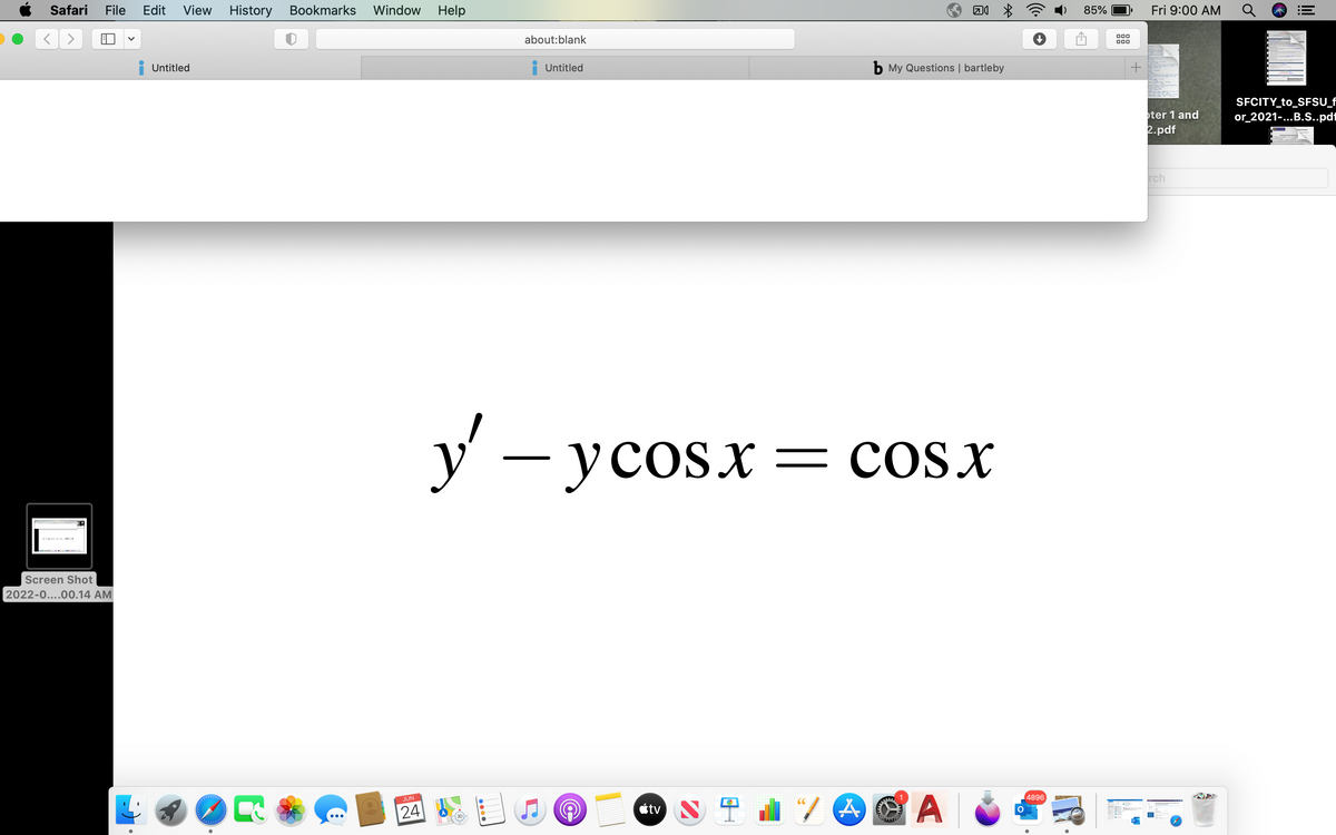 **Understanding First-Order Linear Differential Equations**

On this educational page, we discuss first-order linear differential equations. The differential equation presented here is:

\[ y' - y \cos x = \cos x \]

### Explanation of Terms:
- \( y' \) denotes the first derivative of \( y \) with respect to \( x \).
- \( \cos x \) is the cosine function, which is a trigonometric function of \( x \).

### Structure of the Equation:
This equation is of the form:

\[ y' + P(x)y = Q(x) \]

where:
- \( P(x) = -\cos x \)
- \( Q(x) = \cos x \)

### Steps to Solve the Equation:
1. **Identify** \( P(x) \) and \( Q(x) \).
2. **Find the integrating factor** \( \mu(x) \), which is given by:
   
   \[ \mu(x) = e^{\int P(x) \, dx} \]

3. **Multiply** the whole differential equation by \( \mu(x) \) to facilitate finding the solution.

### Detailed Steps:
1. For our equation:

   \[ P(x) = -\cos x \]

2. The integral of \( P(x) \):

   \[ \int -\cos x \, dx = -\sin x \]

3. The integrating factor:

   \[ \mu(x) = e^{-\sin x} \]

4. Multiplying the original equation by \( \mu(x) \):

   \[ e^{-\sin x} y' - e^{-\sin x} y \cos x = e^{-\sin x} \cos x \]

   which simplifies the integration process.

### Final Step:
After finding the integrating factor, you integrate both sides with respect to \( x \) to find the general solution for \( y \).

### Additional Notes:
For visual learners, it may be beneficial to graph the functions involved using graphing software or tools. Understanding how \( \cos x \) behaves helps intuitively grasp how \( y \) changes with respect to \( x \).

Feel free to experiment by solving similar differential equations to solidify your understanding!