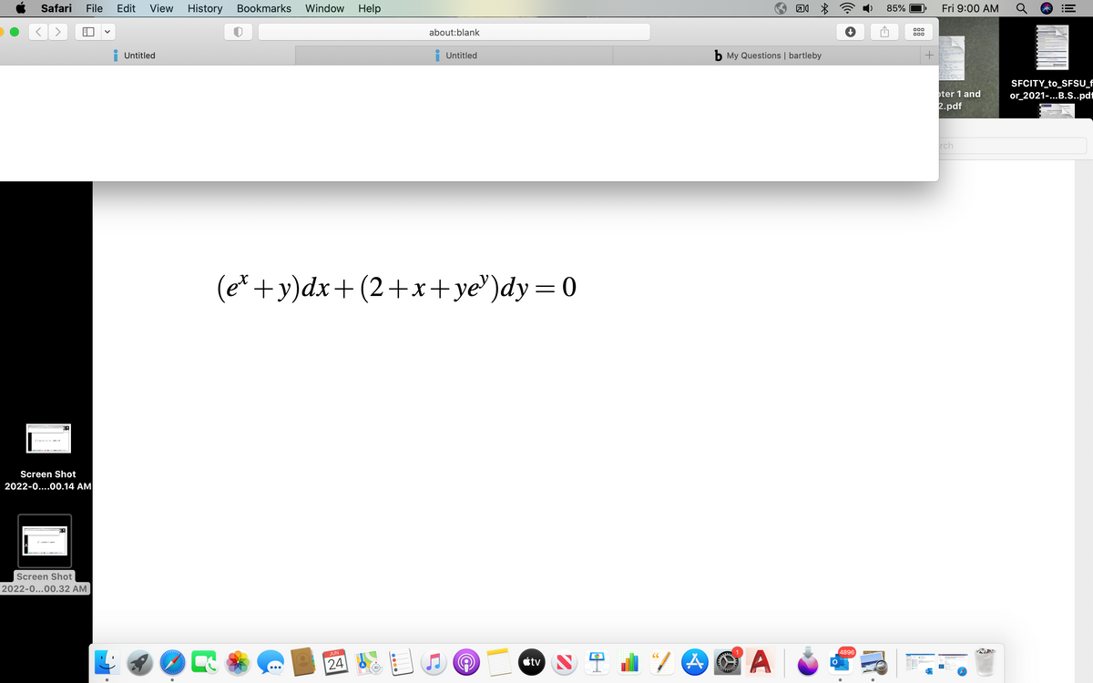 ## Differential Equation Example

### Problem:
Consider the following first-order differential equation:

\[ 
(e^x + y)dx + (2 + x + ye^y)dy = 0 
\]

### Explanation:
This is a partial differential equation where the terms involve both \( dx \) and \( dy \). The equation can be expressed as \( M(x, y)dx + N(x, y)dy = 0 \), where:

- \( M(x, y) = e^x + y \)
- \( N(x, y) = 2 + x + ye^y \)

### Goal:
Solve this differential equation for a possible explicit solution form.

### Method:
1. **Identify the type of differential equation**: In this case, we check if it is exact by verifying if the partial derivatives satisfy the condition \( \frac{\partial M}{\partial y} = \frac{\partial N}{\partial x} \).

2. **Solve the exact equation**: If the equation is exact, find a potential function \( \psi(x, y) \) such that

\[ 
\frac{\partial \psi}{\partial x} = M(x, y) 
\]

and

\[ 
\frac{\partial \psi}{\partial y} = N(x, y)
\]

3. **Integrate and find the solution**: Integrate both expressions with respect to their respective variables to find \( \psi(x, y) \).

### Learning Outcomes:
- Understanding and solving exact differential equations.
- Integrating partial derivatives to find a potential function.
- Applying criteria for exactness in differential equations. 

This equation serves as a practical example illustrating how to approach and solve a differential equation of this type.