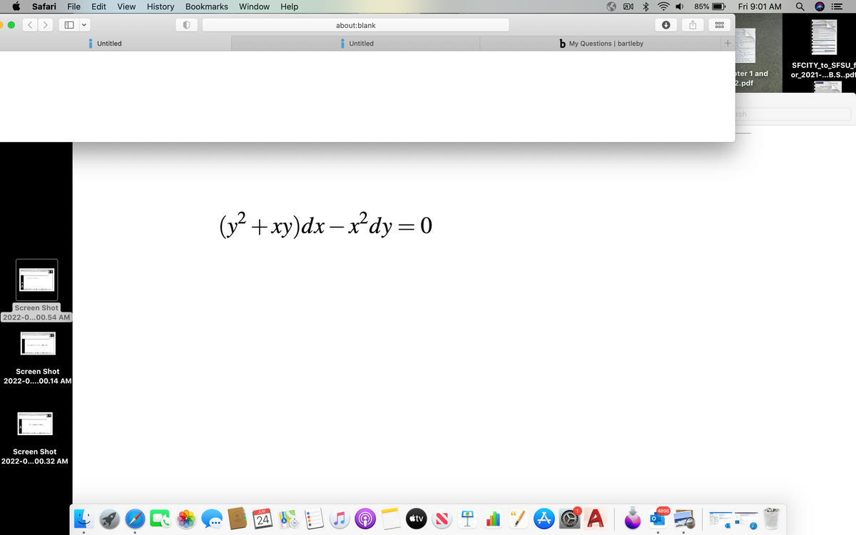 On this page, we discuss a first-order differential equation. The given differential equation is:

\[
(y^2 + xy) dx - x^2 dy = 0
\]

Explanation:
- \( (y^2 + xy) dx \) and \( -x^2 dy \) are terms involving both \(x\) and \(y\).
- \( dx \) and \( dy \) signify the differentials of \(x\) and \(y\), respectively.
- This equation is set to zero, indicating it is a homogeneous differential equation.

To solve differential equations like this, you would typically separate the variables and integrate each side accordingly. This type of equation is useful in various applications, including physics and engineering.

If you require further assistance in solving or understanding this differential equation, feel free to explore our advanced topics or contact our support team!