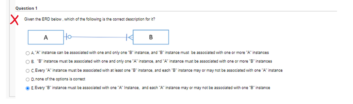 ### ERD (Entity-Relationship Diagram) Question

---

#### Question 1

Given the ERD (Entity-Relationship Diagram) below, which of the following is the correct description for it?

[Diagram of Entity A connected to Entity B with a 0..1 and 1 relationship indicators]

---

**Options:**
A. "A" instance can be associated with one and only one "B" instance, and "B" instance must be associated with one or more "A" instances.  
B. "B" instance must be associated with one and only one "A" instance, and "A" instance must be associated with one or more "B" instances.  
C. Every "A" instance must be associated with at least one "B" instance, and each "B" instance may or may not be associated with one "A" instance.  
D. None of the options is correct.  
E. Every "B" instance must be associated with one "A" instance, and each "A" instance may or may not be associated with one "B" instance.  

- **Correct Answer:** E. Every "B" instance must be associated with one "A" instance, and each "A" instance may or may not be associated with one "B" instance.

**Explanation:**
The diagram shows a relationship where each instance of Entity B must be associated with one and only one instance of Entity A (denoted by the '1' on the A end), while each instance of Entity A may or may not be associated with an instance of Entity B (denoted by the '0..1' on the B end). 

This means that:
- For each "B" instance, there is a mandatory association to one "A" instance.
- For each "A" instance, there can be zero or one association to a "B" instance. 

This kind of relationship is often termed as "mandatory one-to-one from B to A, optional one” from A to B."

---

This question would likely be seen in a course related to database design, particularly in sections covering Entity-Relationship Diagrams (ERDs) and their correct interpretation.