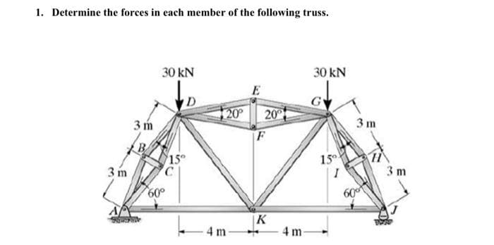 1. Determine the forces in each member of the following truss.
30 kN
30 kN
E
D
20
20
3m
3 m
F
15
C.
15
3 m
3 m
60°
60
A
- 4m-
K
4 m
