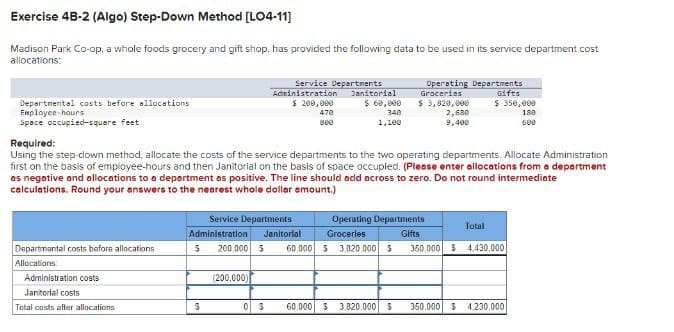 Exercise 4B-2 (Algo) Step-Down Method [LO4-11]
Madison Park Co-op, a whole foods grocery and gift shop, has provided the following data to be used in its service department cost
allocations:
Departmental costs before allocations
Employee-hours
Space occupied-square feet
Required:
Service Departments
Administration Janitorial
Operating Departments
Groceries
Gifts
$ 200,000
$ 60,000
470
800
340
1,100
$ 3,820,000
2,680
9,400
$ 350,000
180
600
Using the step-down method, allocate the costs of the service departments to the two operating departments. Allocate Administration
first on the basis of employee-hours and then Janitorial on the basis of space occupied. (Please enter allocations from a department
as negative and allocations to a department as positive. The line should add across to zero. Do not round intermediate
calculations. Round your answers to the nearest whole dollar amount.)
Service Departments
Administration
Janitorial
200,000 $
Operating Departments
Groceries
Gifts
Total
60,000 $3,820,000 $ 350,000 $4,430,000
Departmental costs before allocations
5
Allocations
Administration costs
(200,000)
Janitorial costs
Total costs after allocations
S
0 3 60.000 $ 3,820,000 $ 350,000 $4,230,000