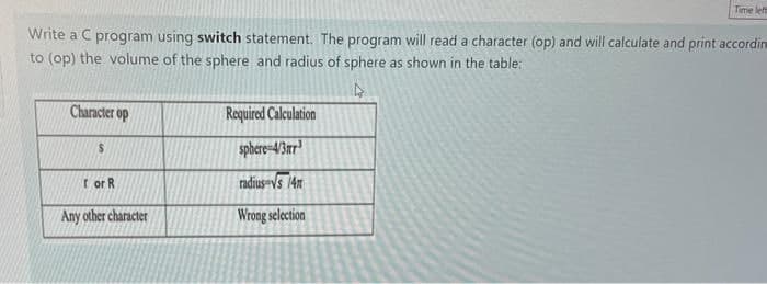 Write a C program using switch statement. The program will read a character (op) and will calculate and print accordin
to (op) the volume of the sphere and radius of sphere as shown in the table:
4
Character op
S
for R
Any other character
Required Calculation
Time left
sphere-4/3mr
radius Vs 14m
Wrong selection