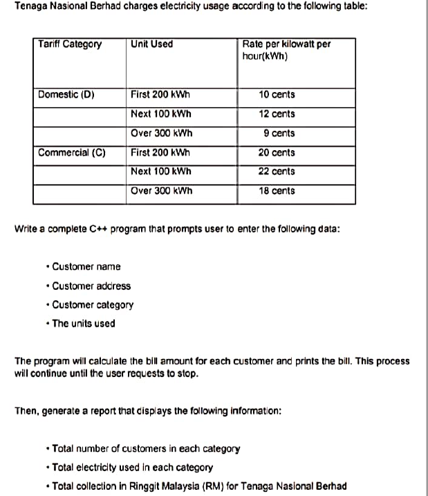 Tenaga Nasional Berhad charges electricity usage according to the following table:
|Tariff Category
Unit Used
Rate per kilowatt per
hour(kWh)
Domestic (D)
First 200 kWh
10 cents
Next 100 kWh
12 cents
Over 300 kWh
9 cents
Commercial (C)
First 200 kWh
20 cents
Next 100 kWh
22 cents
Over 300 kWh
18 cents
Write a complete C++ program that prompts user to enter the following data:
• Customer name
• Customer address
• Customer category
• The units used
The program will calculate the bill amount for each customer and prints the bilI. This process
will continue until the user requests to stop.
Then, generate a report that displays the following information:
• Total number of customers in each category
• Total electricity used in each category
• Total collection in Ringgit Malaysia (RM) for Tenaga Nasional Berhad
