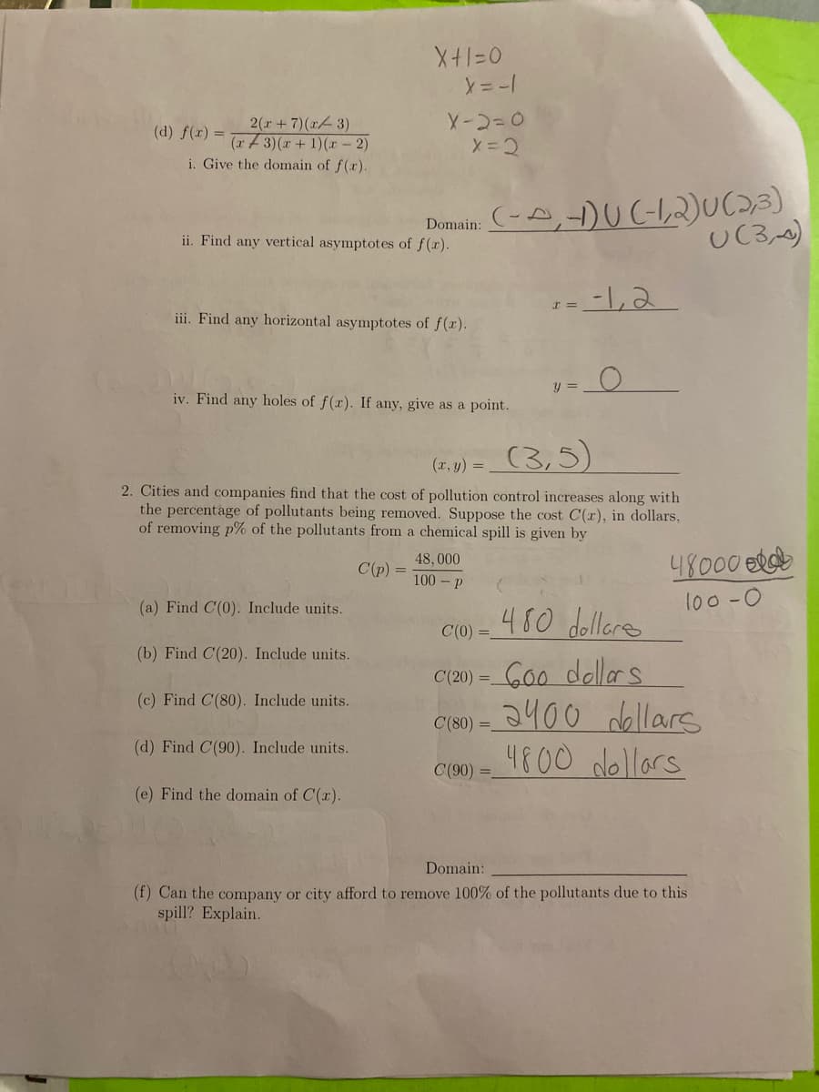 X-2=0
2(r+7)(x 3)
(r3)(r + 1)(r - 2)
(d) f(r) =
i. Give the domain of f(r).
Domain:
ii. Find any vertical asymptotes of f(r).
UC3,)
-1,2
iii. Find any horizontal asymptotes of f(r).
iv. Find any holes of f(r). If any, give as a point.
(3,5)
(x, y) =
2. Cities and companies find that the cost of pollution control increases along with
the percentage of pollutants being removed. Suppose the cost C(r), in dollars,
of removing p% of the pollutants from a chemical spill is given by
48000 eRdb
l00 -0
48, 000
C(p) =
100 – P
460 dollere
(a) Find C(0). Include units.
C(0) =
(b) Find C(20). Include units.
G00 dellers
3400 dellars
4800 dollars
C(20) =.
(c) Find C(80). Include units.
C(80) =
(d) Find C(90). Include units.
C(90) =,
(e) Find the domain of C(.
Domain:
(f) Can the company or city afford to remove 100% of the pollutants due to this
spill? Explain.

