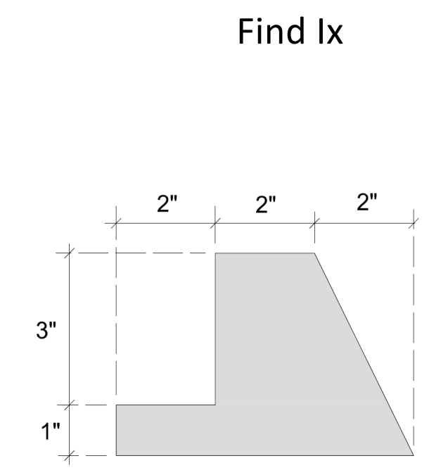 ### Calculation of Moment of Inertia (Ix)

**Objective:**
Find the moment of inertia (Ix) of the provided shape.

**Diagram Explanation:**

The given diagram is a composite shape consisting of different rectangles and a right triangle. Here are the key dimensions:
- Bottom horizontal rectangle: 
  - Width = 6 inches (sum of three 2-inch segments)
  - Height = 1 inch
- Left vertical rectangle:
  - Width = 2 inches
  - Height = 3 inches (combining the height of 1 inch from the bottom rectangle and the height of 2 inches for the vertical part)
- Top right triangle:
  - Base = 2 inches
  - Height = 2 inches (same height as the vertical rectangle above the bottom horizontal rectangle)

The composite figure can be divided into simpler shapes:
1. A bottom horizontal rectangle (6" x 1")
2. A left vertical rectangle (2" x 3")
3. A right triangle (base = 2", height = 2")

### Steps to Calculate Ix

1. **Identify individual shapes**: Divide the composite shape into basic geometric shapes (rectangles and a triangle).

2. **Calculate individual moments of inertia (I) about their centroids**:

    - **Rectangle 1 (bottom horizontal part)**:
      \[
      I_1 = \frac{1}{12} b h^3 = \frac{1}{12} (6 \, \text{in}) (1 \, \text{in})^3 = 0.5 \, \text{in}^4
      \]

    - **Rectangle 2 (left vertical part)**:
      \[
      I_2 = \frac{1}{12} b h^3 = \frac{1}{12} (2 \, \text{in}) (3 \, \text{in})^3 = 4.5 \, \text{in}^4
      \]

    - **Triangle**:
      \[
      I_3 = \frac{1}{36} b h^3 = \frac{1}{36} (2 \, \text{in}) (2 \, \text{in})^3 = 0.444 \, \text{in}^4
      \]

3. **Apply the parallel axis theorem** to shift the moments of inertia