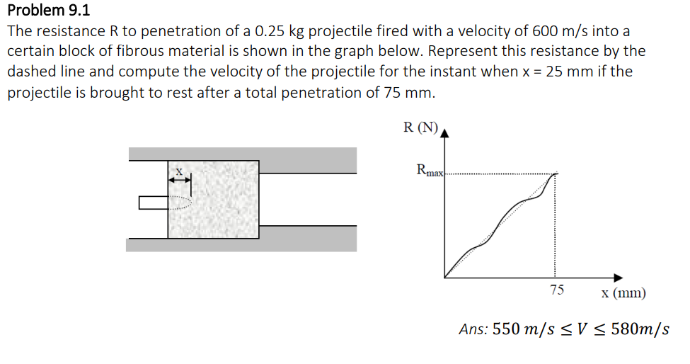 Problem 9.1
The resistance R to penetration of a 0.25 kg projectile fired with a velocity of 600 m/s into a
certain block of fibrous material is shown in the graph below. Represent this resistance by the
dashed line and compute the velocity of the projectile for the instant when x = 25 mm if the
projectile is brought to rest after a total penetration of 75 mm.
R (N)
Rmax
75
x (mm)
Ans: 550 m/s ≤V ≤ 580m/s