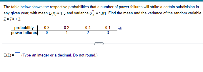 The table below shows the respective probabilities that a number of power failures will strike a certain subdivision in
any given year, with mean E(X) = 1.3 and variance o=1.01. Find the mean and the variance of the random variable
Z=7X+2.
probability 0.3
power failures 0
0.2
1
0.4
2
E(Z) = (Type an integer or a decimal. Do not round.)
0.1
3
O