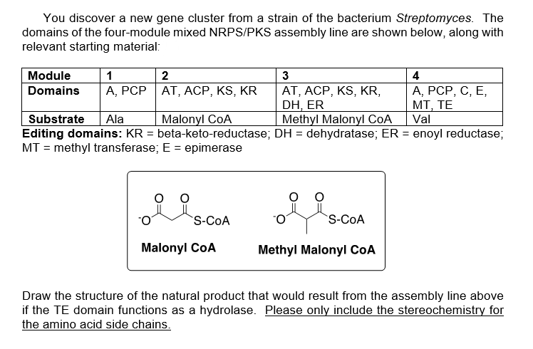 You discover a new gene cluster from a strain of the bacterium Streptomyces. The
domains of the four-module mixed NRPS/PKS assembly line are shown below, along with
relevant starting material:
Module
1
3
4
А, РСР, С, Е,
МТ, ТЕ
Val
Domains
А, РСP | АT, АСР, KS, KR
AT, ACP, KS, KR,
DH, ER
Methyl Malonyl CoA
Malonyl CoA
Substrate
Editing domains: KR = beta-keto-reductase; DH = dehydratase; ER = enoyl reductase;
MT = methyl transferase; E = epimerase
Ala
%3D
S-COA
S-COA
Malonyl CoA
Methyl Malonyl CoA
Draw the structure of the natural product that would result from the assembly line above
if the TE domain functions as a hydrolase. Please only include the stereochemistry for
the amino acid side chains.
