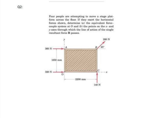 Q2:
Four people are attempting to move a stage plat-
form across the floor. If they exert the horisontal
forces shown, determine (a) the equivalent force-
couple system at O and (b) the points on the x and
y-axna through which the line of action of the single
resultant foroe R passes.
20 N
300 N-
1680 mm
320 N
200 mm
140 N
