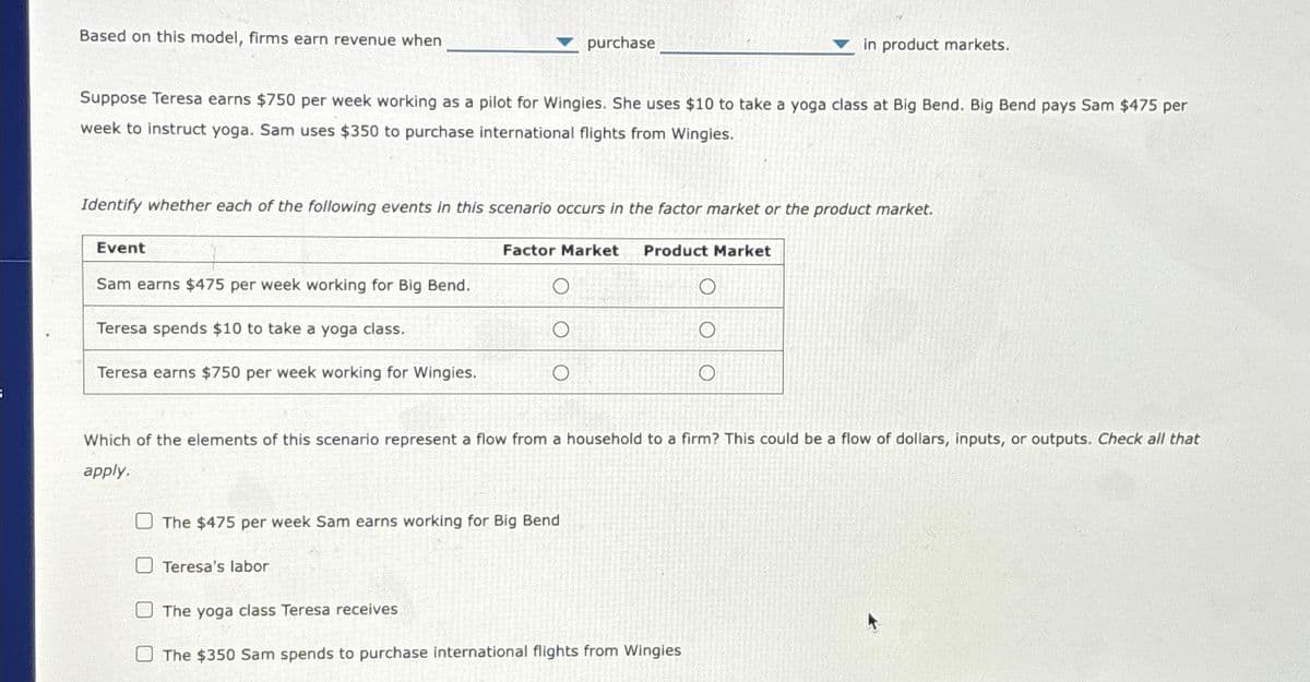Based on this model, firms earn revenue when
Suppose Teresa earns $750 per week working as a pilot for Wingies. She uses $10 to take a yoga class at Big Bend. Big Bend pays Sam $475 per
week to instruct yoga. Sam uses $350 to purchase international flights from Wingles.
Event
purchase
Identify whether each of the following events in this scenario occurs in the factor market or the product market.
Sam earns $475 per week working for Big Bend.
Teresa spends $10 to take a yoga class.
Teresa earns $750 per week working for Wingies.
Factor Market Product Market
in product markets.
The $475 per week Sam earns working for Big Bend
O Teresa's labor
Which of the elements of this scenario represent a flow from a household to a firm? This could be a flow of dollars, inputs, or outputs. Check all that
apply.
The yoga class Teresa receives
The $350 Sam spends to purchase international flights from Wingies
