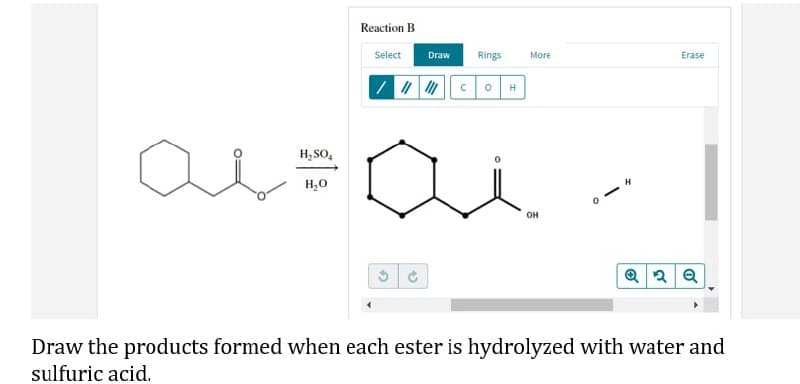 Reaction B
Select
Draw
Rings
||||||||Co H
H₂SO4
H₂O
Erase
ai
OH
3
Draw the products formed when each ester is hydrolyzed with water and
sulfuric acid.
More