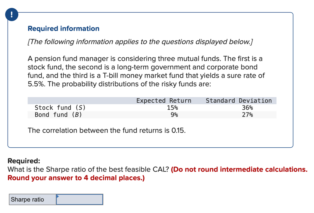 !
Required information
[The following information applies to the questions displayed below.]
A pension fund manager is considering three mutual funds. The first is a
stock fund, the second is a long-term government and corporate bond
fund, and the third is a T-bill money market fund that yields a sure rate of
5.5%. The probability distributions of the risky funds are:
Expected Return Standard Deviation
15%
36%
9%
27%
Stock fund (S)
Bond fund (B)
The correlation between the fund returns is 0.15.
Required:
What is the Sharpe ratio of the best feasible CAL? (Do not round intermediate calculations.
Round your answer to 4 decimal places.)
Sharpe ratio