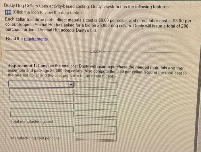 Dusty Dog Collars uses activity-based costing. Dusty's system has the following features:
(Click the icon to view the data table.)
Each collar has three parts, direct materials cost is $9.00 per collar, and direct labor cost is $3.00 per
collar. Suppose Animal Hut has asked for a bid on 25,000 dog collars. Dusty will issue a total of 200
purchase orders if Animal Hut accepts Dusty's bid
Read the requirements.
Requirement 1. Compute the total cost Dusty will incur to purchase the needed materials and then
assemble and package 25.000 dog collars. Also compute the cost per collar. (Round the total cost to
the nearest dollar and the cost per collar to the nearest cent
Total manufacturing cost
ESSE)
Manufacturing cost per collar