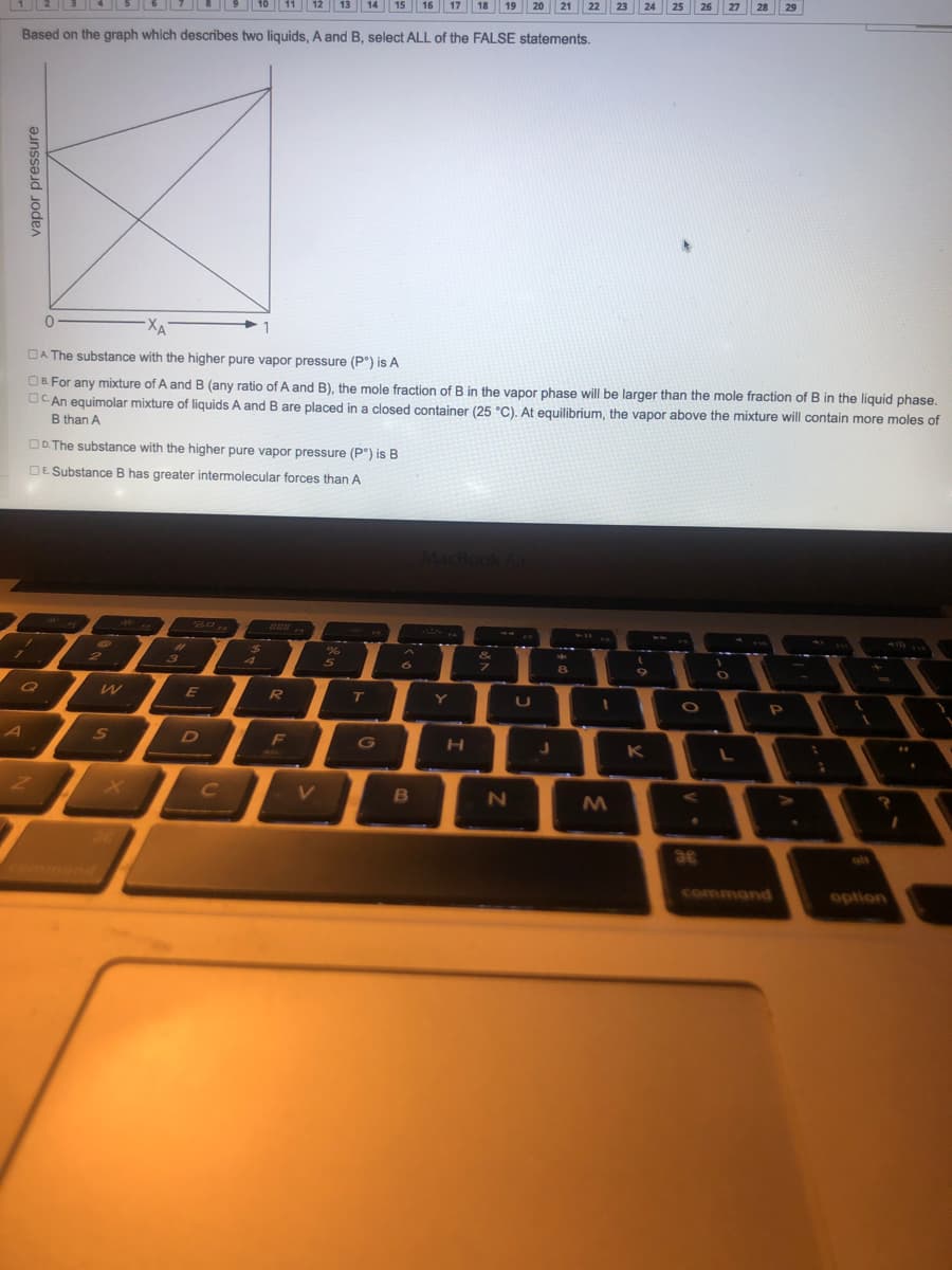 22 23
24
25
26 27 28 29
11 12
15 16 17 18 19 20 21
Based on the graph which describes two liquids, A and B, select ALL of the FALSE statements.
XA
1
DA The substance with the higher pure vapor pressure (P°) is A
OB For any mixture of A and B (any ratio of A and B), the mole fraction of B in the vapor phase will be larger than the mole fraction of B in the liquid phase.
OC An equimolar mixture of liquids A and B are placed in a closed container (25 °C). At equilibrium, the vapor above the mixture will contain more moles of
B than A
OD. The substance with the higher pure vapor pressure (P°) is B
DE Substance B has greater intermolecular forces than A
23
3.
5
E
R
т
A
F
K
ommand
command
option
vapor pressure
