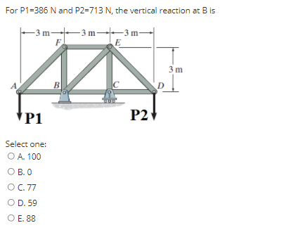 For P1=386 N and P2-713 N, the vertical reaction at B is
– 3
-3 m--3 m--3 m-
F
3 m
B
*P1
P2
Select one:
O A. 100
O B. 0
OC. 77
O D. 59
O E. 88
