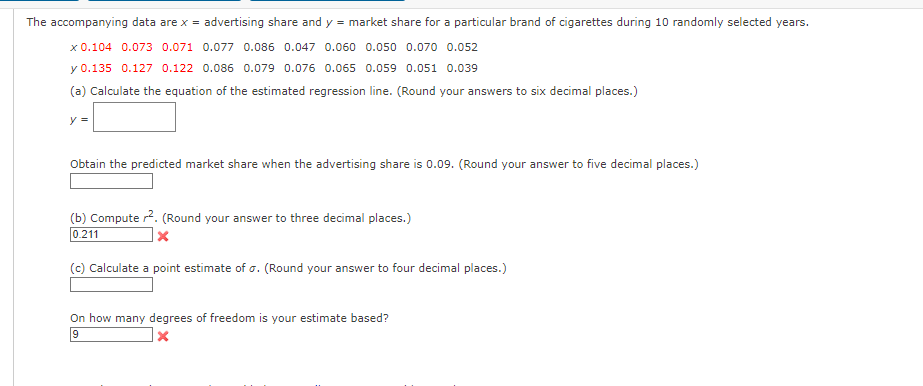 The accompanying data are x = advertising share and y = market share for a particular brand of cigarettes during 10 randomly selected years.
x 0.104 0.073 0.071 0.077 0.086 0.047 0.060 0.050 0.070 0.052
y 0.135 0.127 0.122 0.086 0.079 0.076 0.065 0.059 0.051 0.039
(a) Calculate the equation of the estimated regression line. (Round your answers to six decimal places.)
y =
Obtain the predicted market share when the advertising share is 0.09. (Round your answer to five decimal places.)
(b) Computer², (Round your answer to three decimal places.)
0.211
X
(c) Calculate a point estimate of o. (Round your answer to four decimal places.)
On how many degrees of freedom is your estimate based?
9
X