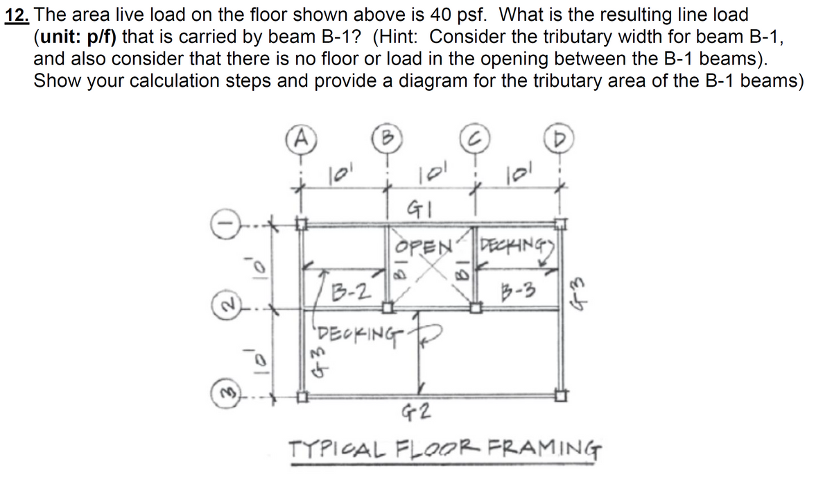 12. The area live load on the floor shown above is 40 psf. What is the resulting line load
(unit: p/f) that is carried by beam B-1? (Hint: Consider the tributary width for beam B-1,
and also consider that there is no floor or load in the opening between the B-1 beams).
Show your calculation steps and provide a diagram for the tributary area of the B-1 beams)
GI
OPEN PECHING)
B-2
B-3
G 2
TYPICAL FLOOR FRAMING
3.
