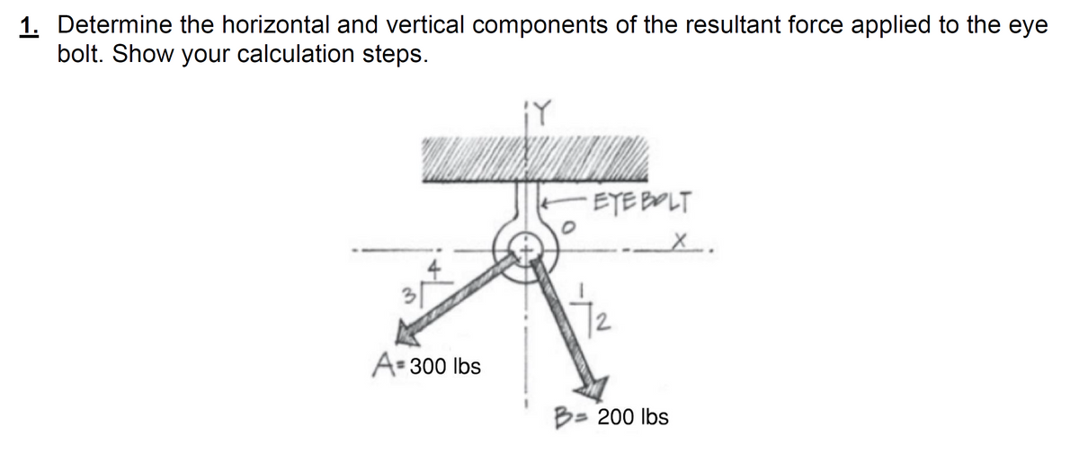 1. Determine the horizontal and vertical components of the resultant force applied to the eye
bolt. Show your calculation steps.
ETE BOLT
A= 300 Ibs
B= 200 lbs
