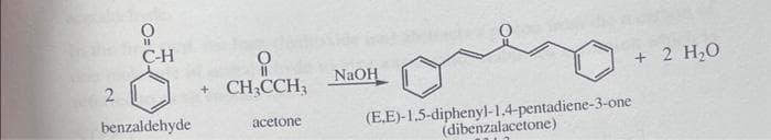 2
0
11
C-H
benzaldehyde
+
CH₂CCH3
acetone
NaOH
(E.E)-1,5-diphenyl-1,4-pentadiene-3-one
(dibenzalacetone)
+ 2 H₂O