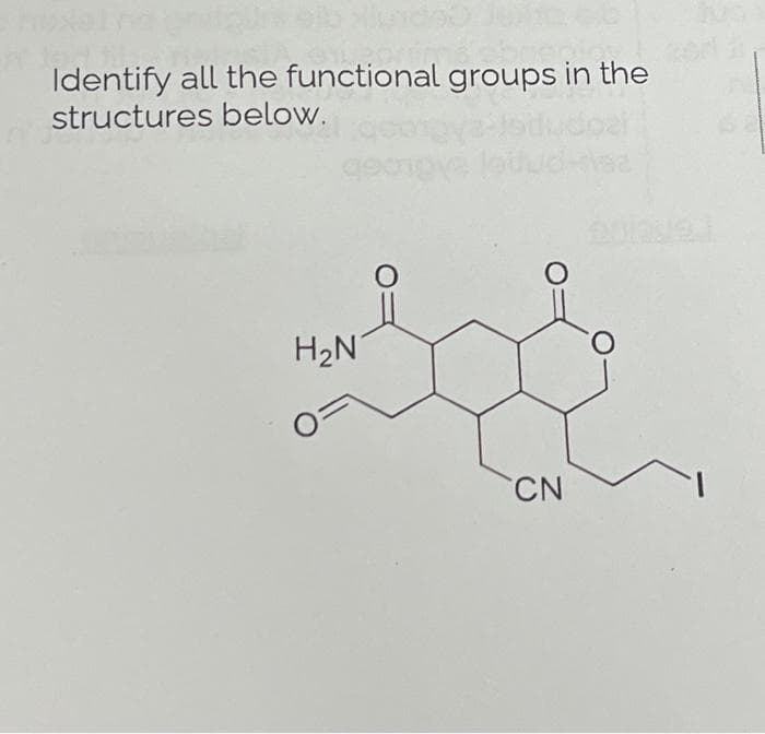 Identify all the functional groups in the
structures below.
H₂N
O
O
CN