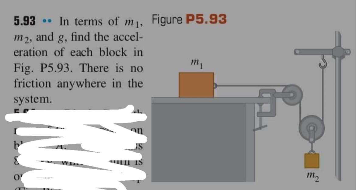 5.93 In terms of m₁, Figure P5.93
m2, and g, find the accel-
eration of each block in
Fig. P5.93. There is no
friction anywhere in the
system.
&
O
00
S
IS
m₁
F
m2