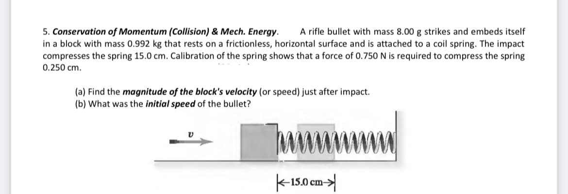 5. Conservation of Momentum (Collision) & Mech. Energy.
in a block with mass 0.992 kg that rests on a frictionless, horizontal surface and is attached to a coil spring. The impact
compresses the spring 15.0 cm. Calibration of the spring shows that a force of 0.750 N is required to compress the spring
0.250 cm.
A rifle bullet with mass 8.00 g strikes and embeds itself
(a) Find the magnitude of the block's velocity (or speed) just after impact.
(b) What was the initial speed of the bullet?
k-15.0 cm->
