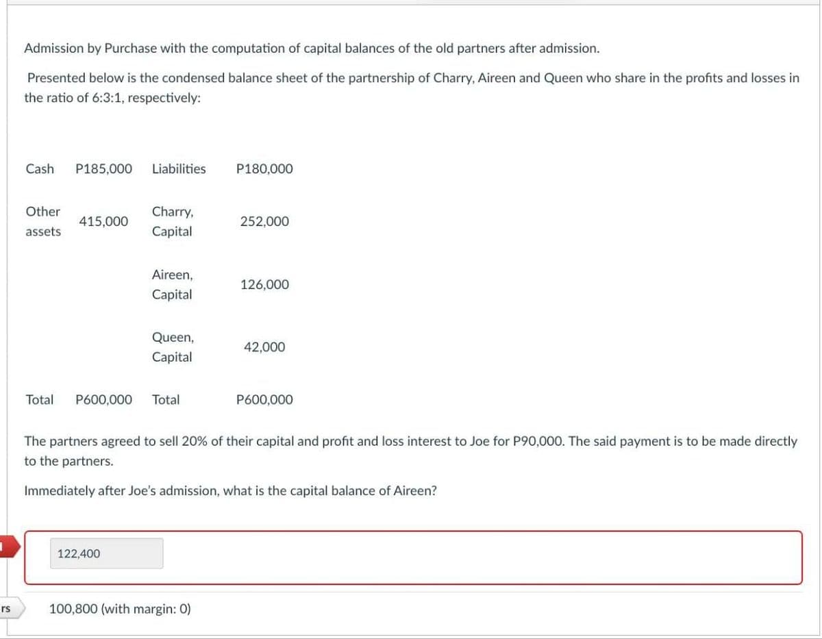 ers
Admission by Purchase with the computation of capital balances of the old partners after admission.
Presented below is the condensed balance sheet of the partnership of Charry, Aireen and Queen who share in the profits and losses in
the ratio of 6:3:1, respectively:
Cash P185,000 Liabilities
Other
assets
415,000
Charry,
Capital
Aireen,
Capital
122,400
Queen,
Capital
Total P600,000 Total
P180,000
100,800 (with margin: 0)
252,000
126,000
42,000
The partners agreed to sell 20% of their capital and profit and loss interest to Joe for P90,000. The said payment is to be made directly
to the partners.
Immediately after Joe's admission, what is the capital balance of Aireen?
P600,000