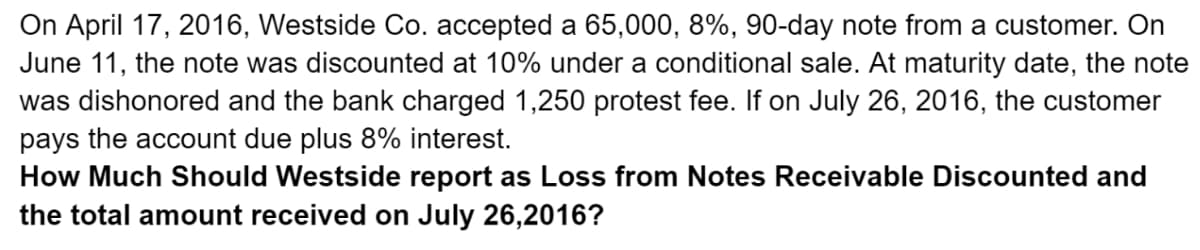 On April 17, 2016, Westside Co. accepted a 65,000, 8%, 90-day note from a customer. On
June 11, the note was discounted at 10% under a conditional sale. At maturity date, the note
was dishonored and the bank charged 1,250 protest fee. If on July 26, 2016, the customer
pays the account due plus 8% interest.
How Much Should Westside report as Loss from Notes Receivable Discounted and
the total amount received on July 26,2016?