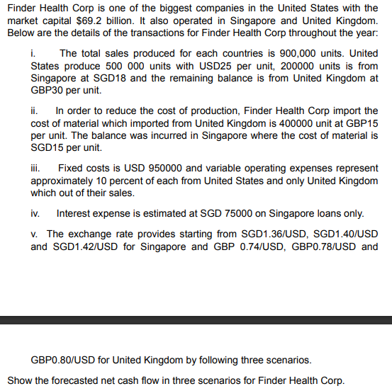 Finder Health Corp is one of the biggest companies in the United States with the
market capital $69.2 billion. It also operated in Singapore and United Kingdom.
Below are the details of the transactions for Finder Health Corp throughout the year:
i.
The total sales produced for each countries is 900,000 units. United
States produce 500 000 units with USD25 per unit, 200000 units is from
Singapore at SGD18 and the remaining balance is from United Kingdom at
GBP30 per unit.
ii. In order to reduce the cost of production, Finder Health Corp import the
cost of material which imported from United Kingdom is 400000 unit at GBP15
per unit. The balance was incurred in Singapore where the cost of material is
SGD15 per unit.
Fixed costs is USD 950000 and variable operating expenses represent
approximately 10 percent of each from United States and only United Kingdom
which out of their sales.
iv. Interest expense is estimated at SGD 75000 on Singapore loans only.
v. The exchange rate provides starting from SGD1.36/USD, SGD1.40/USD
and SGD1.42/USD for Singapore and GBP 0.74/USD, GBP0.78/USD and
GBP0.80/USD for United Kingdom by following three scenarios.
Show the forecasted net cash flow in three scenarios for Finder Health Corp.