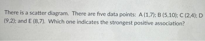 There is a scatter diagram. There are five data points: A (1,7); B (5,10); C (2,4); D
(9,2); and E (8,7). Which one indicates the strongest positive association?
