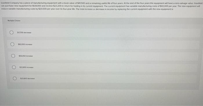 Granfield Company has a piece of manufacturing equipment with a book value of $41500 and a remaining useful life of four years. At the end of the four years the equipment will have a zero-salvage value. Granfield
can purchase new equipment for $129.000 and receive $23,200 in return for trading in its current equipment. The current equipment has variable manufacturing costs of $42.000 per year. The new equipment will
reduce variable manufacturing costs by $20.500 per year over its four-year life. The total increase or decrease in income by replacing the curent equipment with the new equipment is
Multiple Choice
$17700 decrease
$82.000 e
$56.050
$23300
$23.800 dec