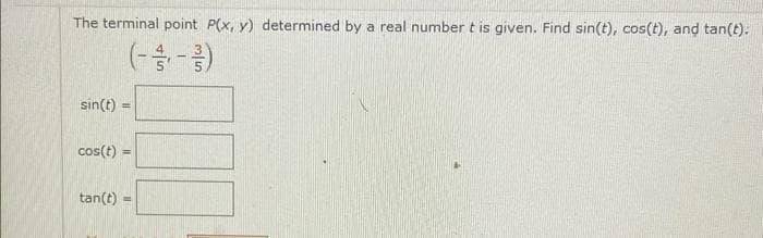 The terminal point P(x, y) determined by a real number t is given. Find sin(t), cos(t), and tan(t).
sin(t) =
cos(t) =
tan(t)