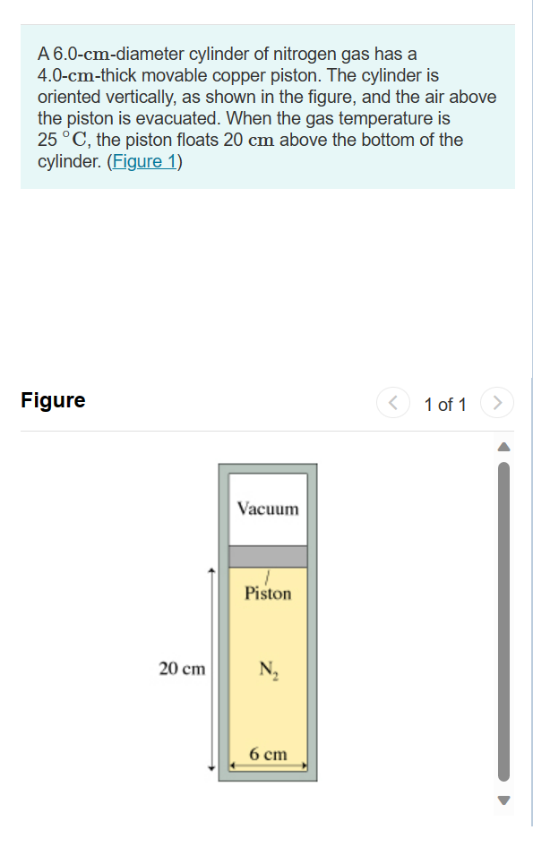 A 6.0-cm-diameter cylinder of nitrogen gas has a
4.0-cm-thick movable copper piston. The cylinder is
oriented vertically, as shown in the figure, and the air above
the piston is evacuated. When the gas temperature is
25 °C, the piston floats 20 cm above the bottom of the
cylinder. (Figure 1)
Figure
20 cm
Vacuum
Piston
N₂
6 cm
< 1 of 1
>