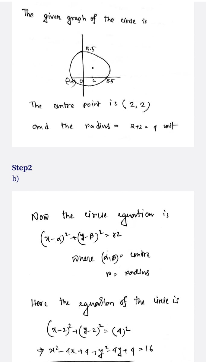 The given graph of the cirde is
5.5
5.5
The
centre point is (2,2)
om d
the
radins =
a12 2
unit
Step2
b)
guation is
Now
the eirue
Where (dip)> comtre
P2 Podins
Hore the agnation f the cinde is
