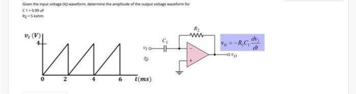 Given the input voltage (o) waveform, determine the amplitude of the output voltage waveform for
C1-0.99
R2-5 kohm
v, (V)
dv,
= -R,C,
dt
6.
t(ms)
